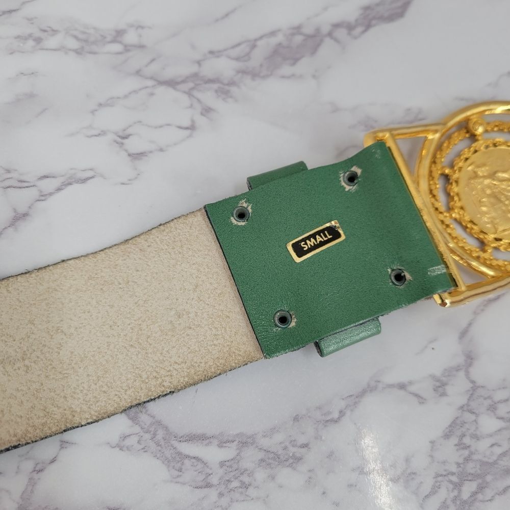 Vintage Green Leather Statement Belt with Gold Napoleon Coin Medallion - Picture 4 of 16